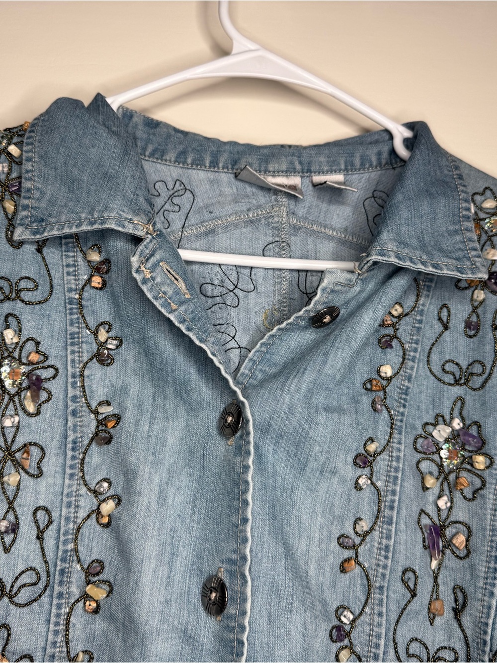 Chico's Light Blue Embroidered Denim Jacket with gemstones and bead stitching - Picture 6 of 6
